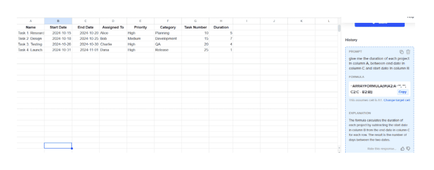 AI extension in Google Sheets: formula Builder example 1